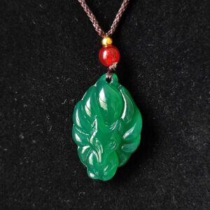 Hand-Carved Natural Green Jade Nine-Tailed Fox Pendant Necklace Charm